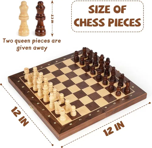 Miniatura 6 de Juego de ajedrez magnético de viaje de 12 pulgadas, tablero de ajedrez magnético de madera con 2 reinas extra, tablero de ajedrez plegable