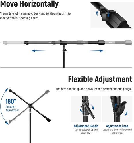Miniatura 6 de NEEWER Soporte de luz de aluminio acolchado de aire, soporte de fotografía ajustable de 9.8 pies con brazo de pluma, contrapeso, bolsa de arena