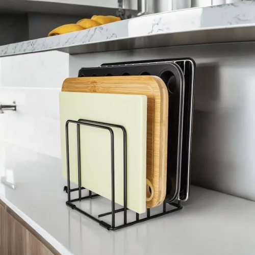 Miniatura 5 de Organizador de tabla de cortar para gabinete de cocina, estante de almacenamiento de hojas de galletas, soporte divisores de gabinete con 5 ranuras