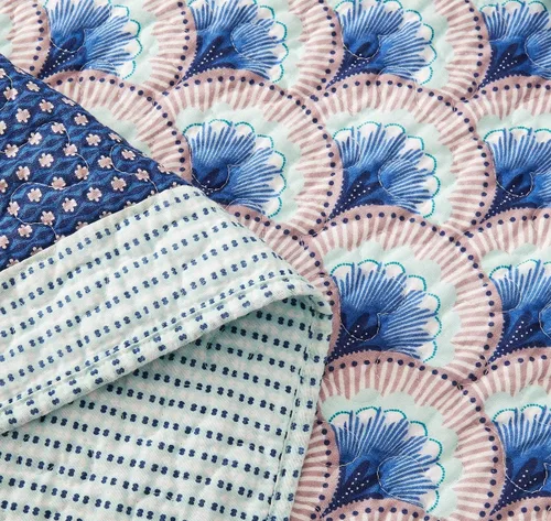 Miniatura 6 de DaDa Bedding - Juego de colcha de retazos de algodón mediterráneo, diseño náutico de mediados de siglo, conchas marinas con olas marinas, color azul