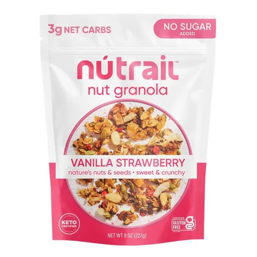 NuTrail Cereal de granola de nuez, vainilla y fresa, sin azúcar añadido, keto, bajo en carbohidratos, sin gluten, sin granos, desayuno saludable, 8