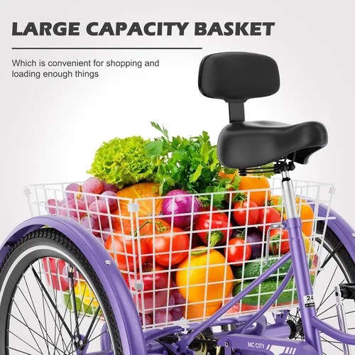 Miniatura 4 de H&ZT Triciclo para adultos, bicicleta de 3 ruedas, triciclo crucero, con cambio de 7 velocidades, manilla de freno de estacionamiento, paso bajo