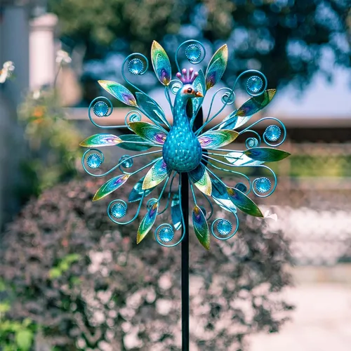Miniatura 4 de Stargarden Molino de viento de pavo real de 58 pulgadas, escultura de viento doble, molino de viento de metal para decoración de jardín y patio