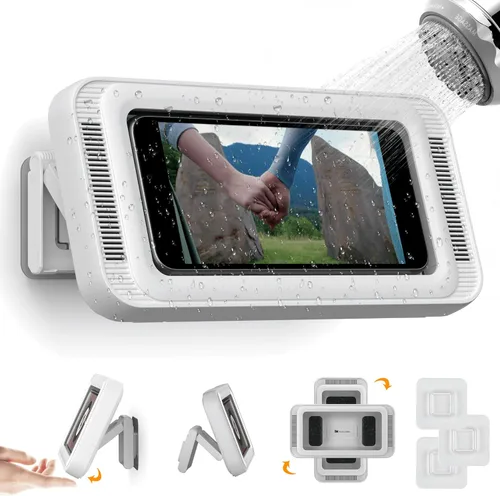 Miniatura 10 de Mistriddle Soporte impermeable para teléfono de ducha con rotación de 360°, ángulo ajustable, soporte de teléfono montado en la pared para espejo