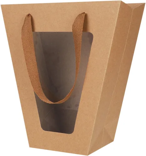 Miniatura 5 de Paquete de 10 bolsas de regalo con asas y ventana transparente, bolsas de papel kraft trapezoidales, bolsas de envoltura de ramo de flores, bolsas