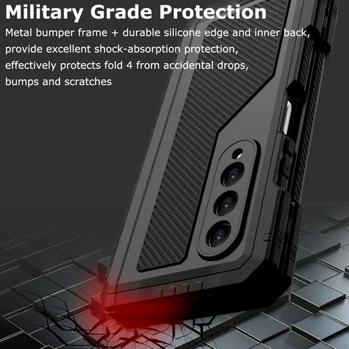 Miniatura 4 de Funda de metal para Samsung Galaxy Z Fold 4 con soporte para bolígrafo S, funda militar resistente Z Fold4 con protector de pantalla integrado, Negro