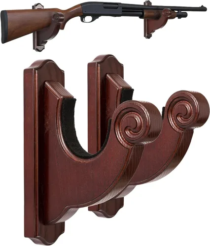 Miniatura 10 de TESLYAR Soporte de pared para rifles, ganchos para pistola con figuras para rifles y escopetas, estante de madera para armas, soporte de madera
