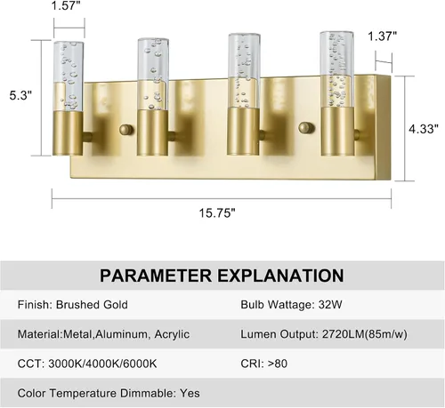 Miniatura 6 de Lámparas de tocador de baño sobre espejo con acabado dorado cepillado, 4 luces de tocador, apliques de pared para baño