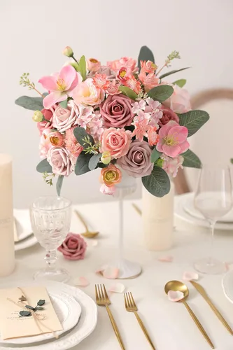 Miniatura 8 de YYHUAWU Flores Artificiales Juego de Caja Combinada Color Degradado Flor Hoja con Tallos para Ramos de Boda DIY Centros de Mesa Baby Shower Fiesta