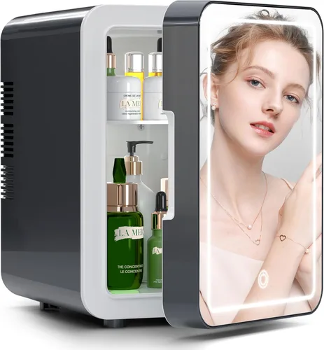 BOGDA Mini refrigerador para el cuidado de la piel (4 litros/6 latas) con espejo de luz LED regulable, enfriador y calentador para refrigerar Gris