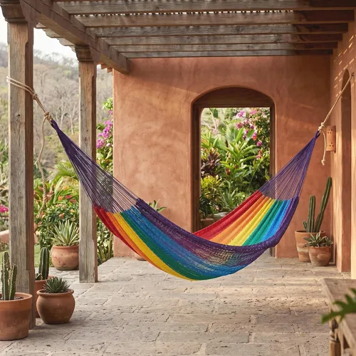 Miniatura 2 de NOVICA Hamaca de cuerda maya de nailon tejida a mano multicolor arcoíris a rayas para 1 persona, soñando con arcoíris (individual)