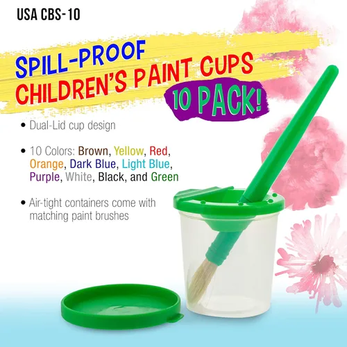 Miniatura 2 de U.S. Art Supply 10 piezas de vasos de pintura antiderrame para niños con tapas de color y 10 piezas de pinceles redondos grandes con mango de madera