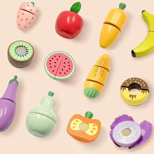 Miniatura 2 de WHOHOLL Juego de 42 piezas de comida de juego para jugar, accesorios de cocina, juguetes de madera para cortar alimentos, frutas y verduras