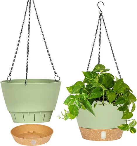 Miniatura 12 de QCQHDU Paquete de 2 macetas colgantes de 10 pulgadas para plantas de interior y exterior, cestas colgantes macetas de flores con bandeja de depósito