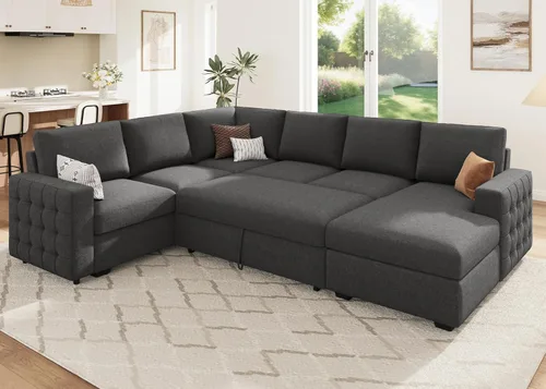 Miniatura 21 de HONBAY Sofá Seccional Sleeper con Cama Extraíble Sofá Seccional en Forma de U Cama Sleeper con Chaise de Almacenamiento Sofá Seccional Sleeper de 6