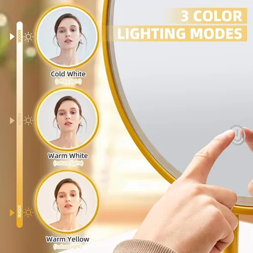 Miniatura 3 de Espejo de maquillaje iluminado de 15.7 pulgadas, espejo de tocador con enchufe USB, espejo de mesa regulable de 3 colores, espejo redondo, espejo