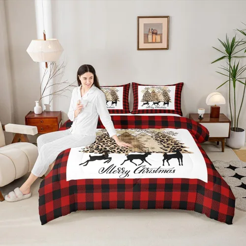 Miniatura 48 de Juego de edredón de Feliz Navidad para niños, tamaño twin, juego de ropa de cama de camión rojo árboles de pino copos de nieve, decoración