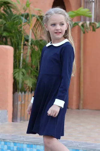 Miniatura 3 de GORLYA Vestido de fiesta casual de manga corta para niña con cuello Peter Pan ajustado y acampanado con bolsillos, 4-12 años