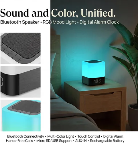 Miniatura 8 de Gallstep Luces nocturnas Altavoz Bluetooth, despertador, altavoces Bluetooth, sensor táctil, lámpara de noche regulable multicolor cambiante