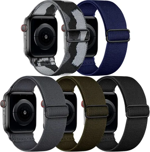 Miniatura 22 de 5 Pack de bandas elásticas de nylon compatibles con Apple Watch de 40 mm, 41 mm, 42 mm, 44 mm, 45 mm, 46 mm, 49 mm, 38 mm para mujeres y hombres