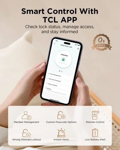 Miniatura 5 de TCL Smart Lock D2 Pro, cerrojo de entrada sin llave de Palm Vein, cerradura de puerta con teclado Wi-Fi, timbre integrado, batería de 8 meses, Gris