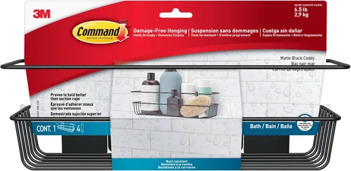 Command Organizador de ducha negro mate con tiras resistentes al agua, organizador de baño, soporta hasta 6.5 libras