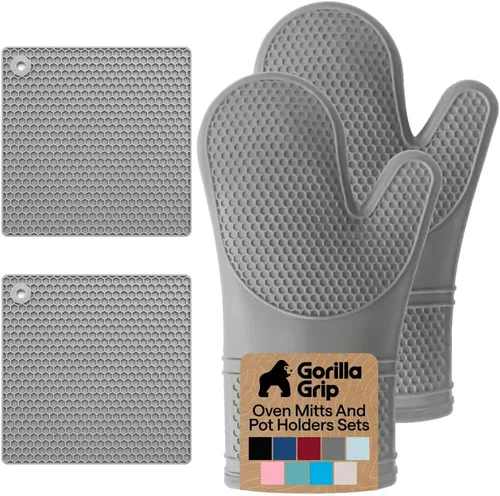 Miniatura 32 de Gorilla Grip - Juego de guantes de horno de silicona resistentes al calor extralargos, forro acolchado suave, guantes flexibles impermeables