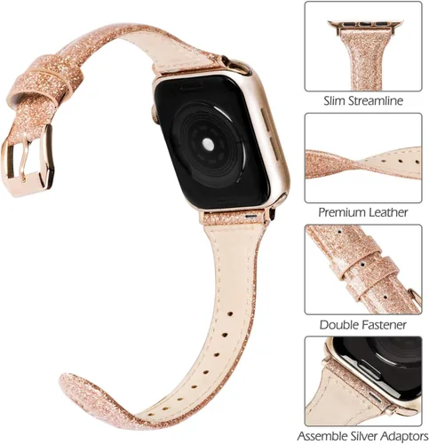 Miniatura 6 de Wearlizer - Correa de repuesto de piel fina con purpurina compatible con correas de Apple Watch de 1.496 in, 1.575 in, 1.654 in, 1.732 in