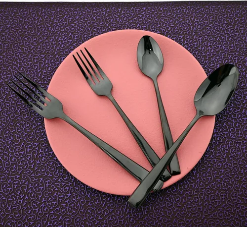 Miniatura 6 de Juego de cubiertos de mango grueso de 24 piezas, acero inoxidable 18/10 negro antiguo con cuchillo para carne, juego de cubiertos pulidos de espejo