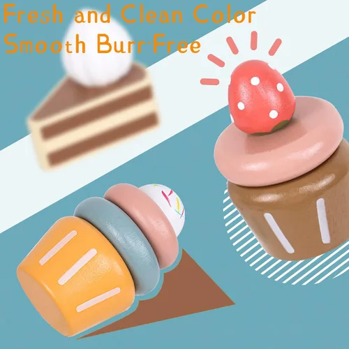 Miniatura 5 de Juego de comida de postre de madera, juego de comida para niños, juego de fiesta de té para niñas pequeñas, juegos de accesorios de cocina de madera