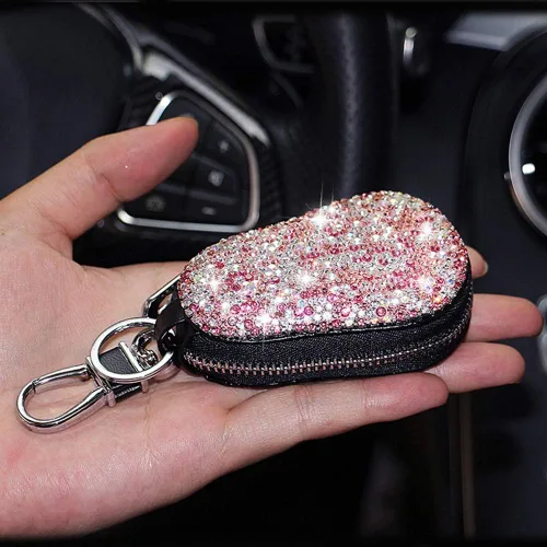 Miniatura 2 de Funda para llave de coche, multifuncional, con cierre y mosquetón, piel con brillantes, color rosa