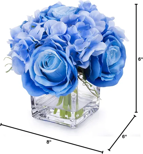 Miniatura 4 de Arreglos de flores artificiales de seda de rosas y hortensias en jarrón de cristal para decoración del hogar y boda (azul)