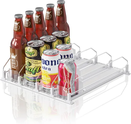 Miniatura 14 de Organizador de Bebidas para Refrigerador, 12oz 16oz 20oz - Dispensador de Latas de Refresco para Refrigerador, Ancho Ajustable, Deslizador Negro