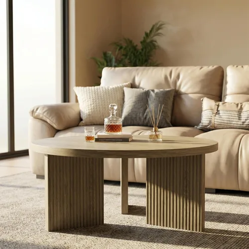 Miniatura 14 de Mesa de café redonda de madera, mesa de café de 35" con mesa gruesa y lisa, mesa central baja circular con patas estables en forma de X, mesa de té