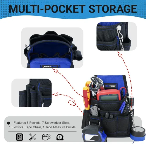Miniatura 4 de MELOTOUGH Bolsa de herramientas para electricista, bolsas para cinturón de herramientas, múltiples bolsillos, organizador de herramientas