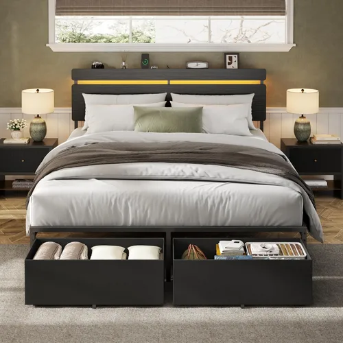 Miniatura 4 de Forestell Base de cama Queen con cabecera de madera, cama de plataforma negra con 2 cajones de almacenamiento y estante, estación de carga integrada