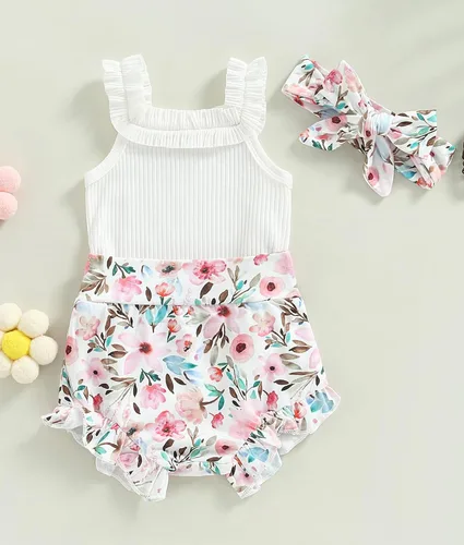 Miniatura 2 de Conjunto de ropa de verano para bebé recién nacida, conjunto de ropa de verano con estampado floral, mameluco con cordón y diadema corta