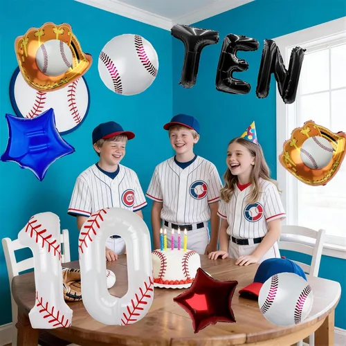 Miniatura 3 de Juego de globos de béisbol de 40 pulgadas, decoraciones de fiesta de cumpleaños número 10 para niños, globo de béisbol número 10 para suministros