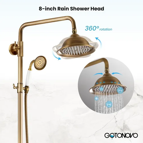 Miniatura 3 de gotonovo Juego de Grifo de Ducha de Latón Antiguo Expuesto para Baño con Estante de Ducha Cabezal de Ducha de Lluvia de 8 Pulgadas Manija Cruzada