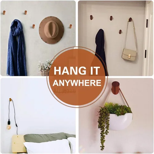 Miniatura 5 de Felidio Ganchos de pared de madera, paquete de 4 ganchos para colgar abrigos de pared, de madera rústica, resistente, perchero para sombreros