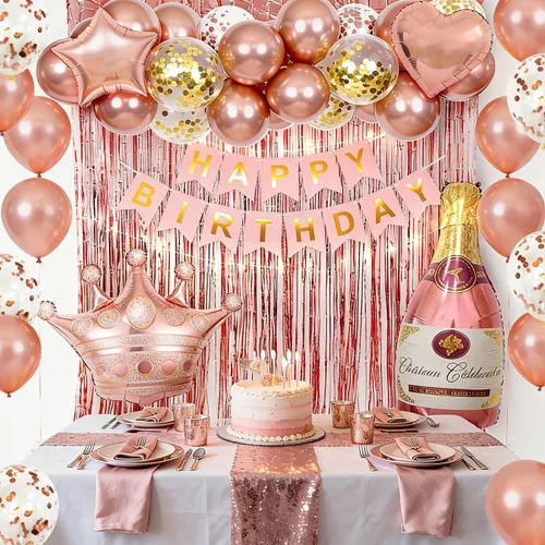 Miniatura 3 de Decoraciones de cumpleaños para mujeres con pancarta de feliz cumpleaños, cortinas, botella, corona, globos de estrella de corazón, globos de oro