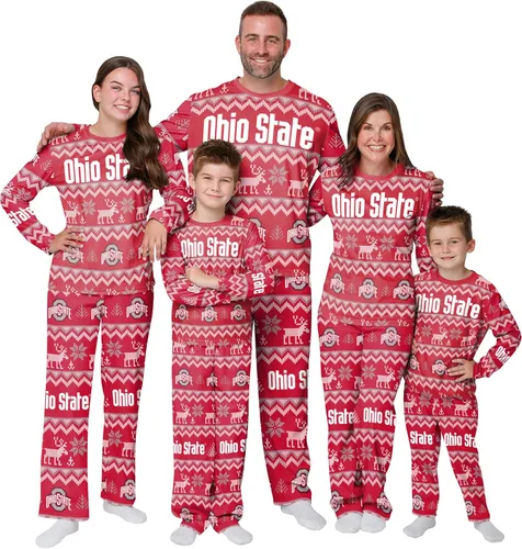 FOCO NCAA para mujeres - Conjunto de pijamas familiares navideños a juego con patrón feo del equipo universitario de la NCAA Patrón feo navideño