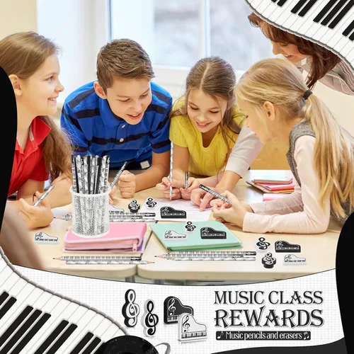 Miniatura 6 de 96 lápices de música, lápices de notas musicales y borradores, regalos de recital de piano, borradores de teclado de piano de madera, recuerdos