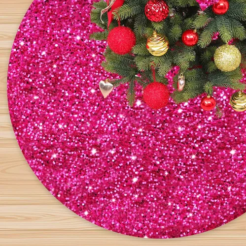Falda de árbol de Navidad rosa intenso de 46 pulgadas, falda de árbol de Navidad con lentejuelas brillantes, falda de árbol de Navidad fucsia para