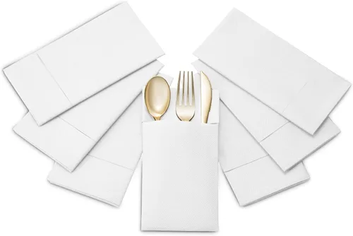 Miniatura 5 de Paquete de 50 servilletas desechables de lino con bolsillo integrado para cubiertos, tela preplegada blanca como servilletas de papel para cenas