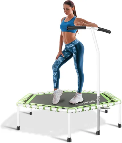 Miniatura 12 de Newan Trampolín de fitness de 48 pulgadas con barra de mango ajustable, trampolín silencioso, bungee rebote, entrenamiento cardiovascular, Azul