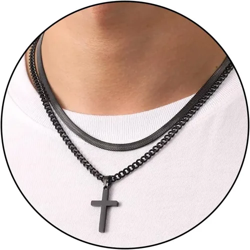 Zocomi Collar de cruz para hombres y niños, de acero inoxidable en capas, cadena de espiga cubana, colgante de cruz religiosa, joyería de moda,