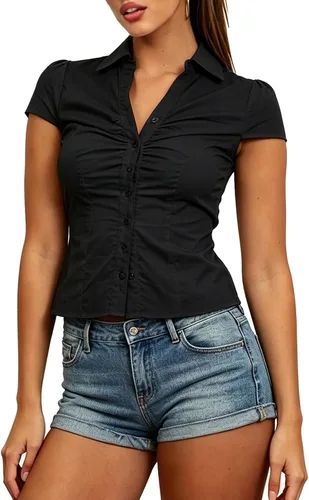 Blusa de Mujer con Cuello en V Fruncida Camisa con Botones Manga Casquillo con Cuello Ajustada para Trabajo Oficina Blusa de Verano Tops Elegantes