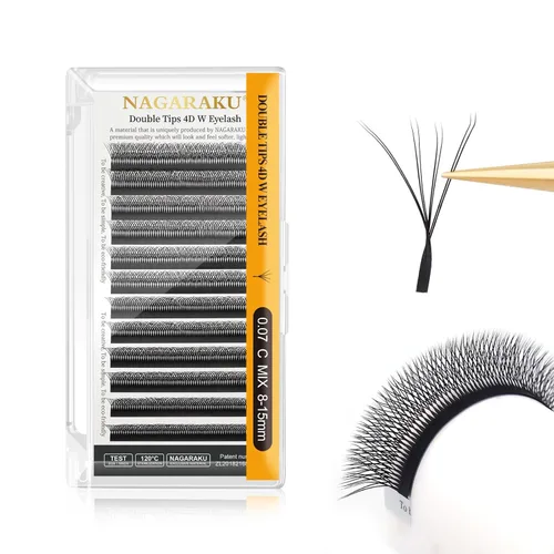 Miniatura 330 de NAGARAKU Extensiones de pestañas Double Tips 4D W, suministros con puntas dobles, gruesas con rizado D de 0.07 mm, bandeja mixta 8-15 mm, 0.07-D