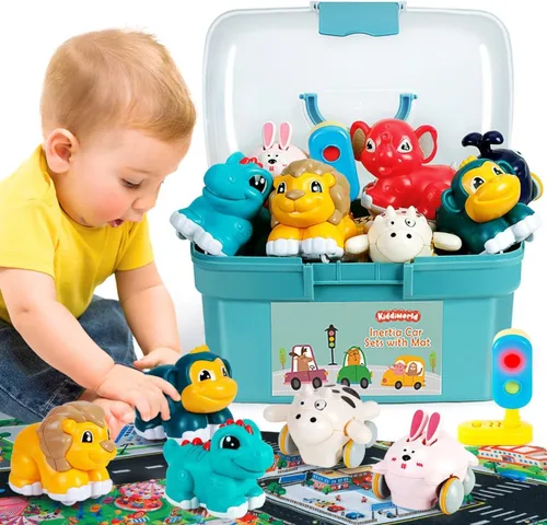 Kiddiworld Juguetes de coche de animales para niños de 1 año: Mini camiones con tapete de juego/caja de almacenamiento para niños pequeños de 1 a 2